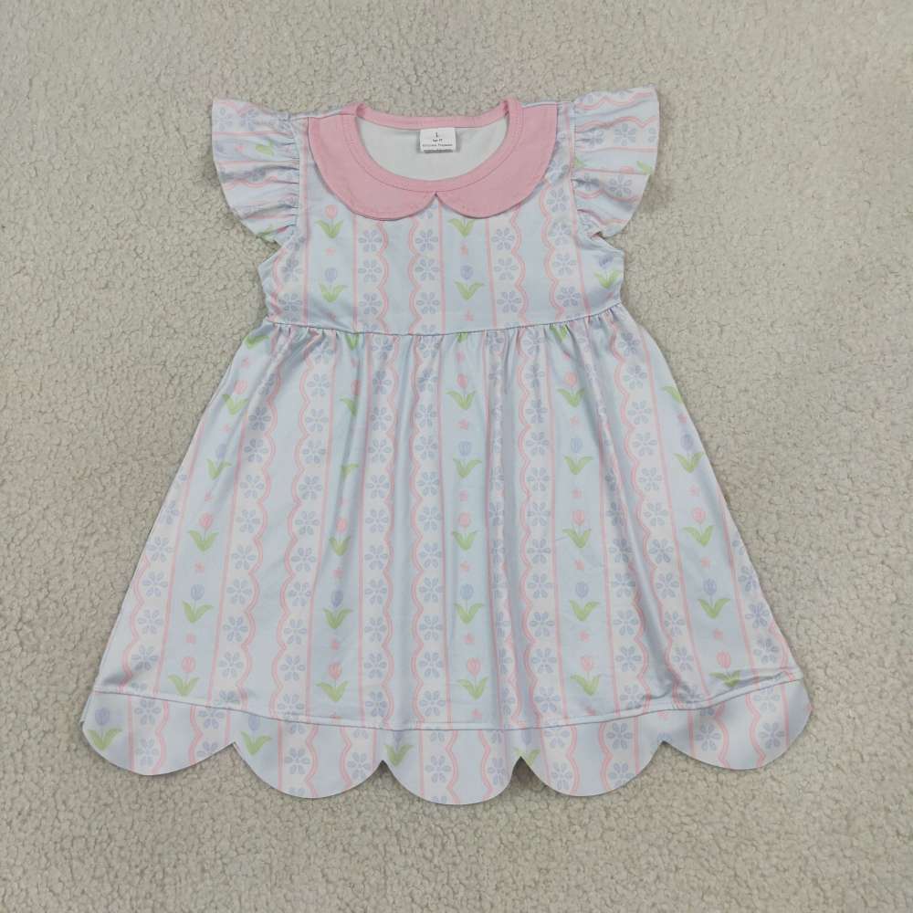 GSD3867 RTS pink Flowers stripe summer scallop dress
