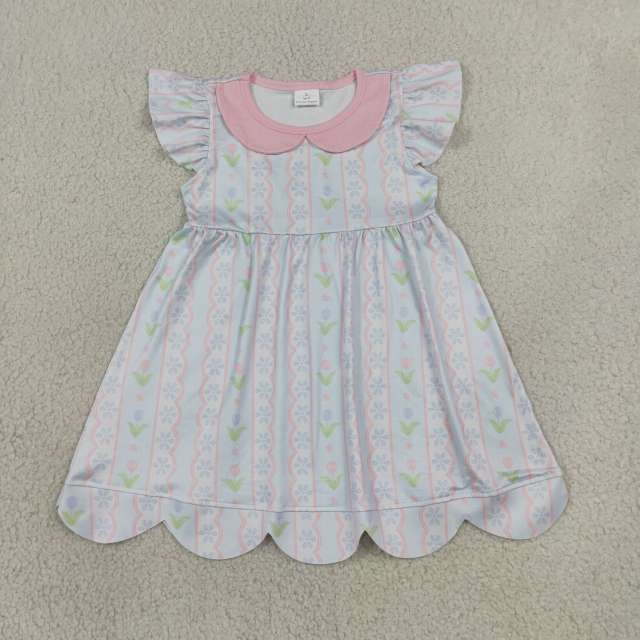 GSD3867 RTS pink Flowers stripe summer scallop dress