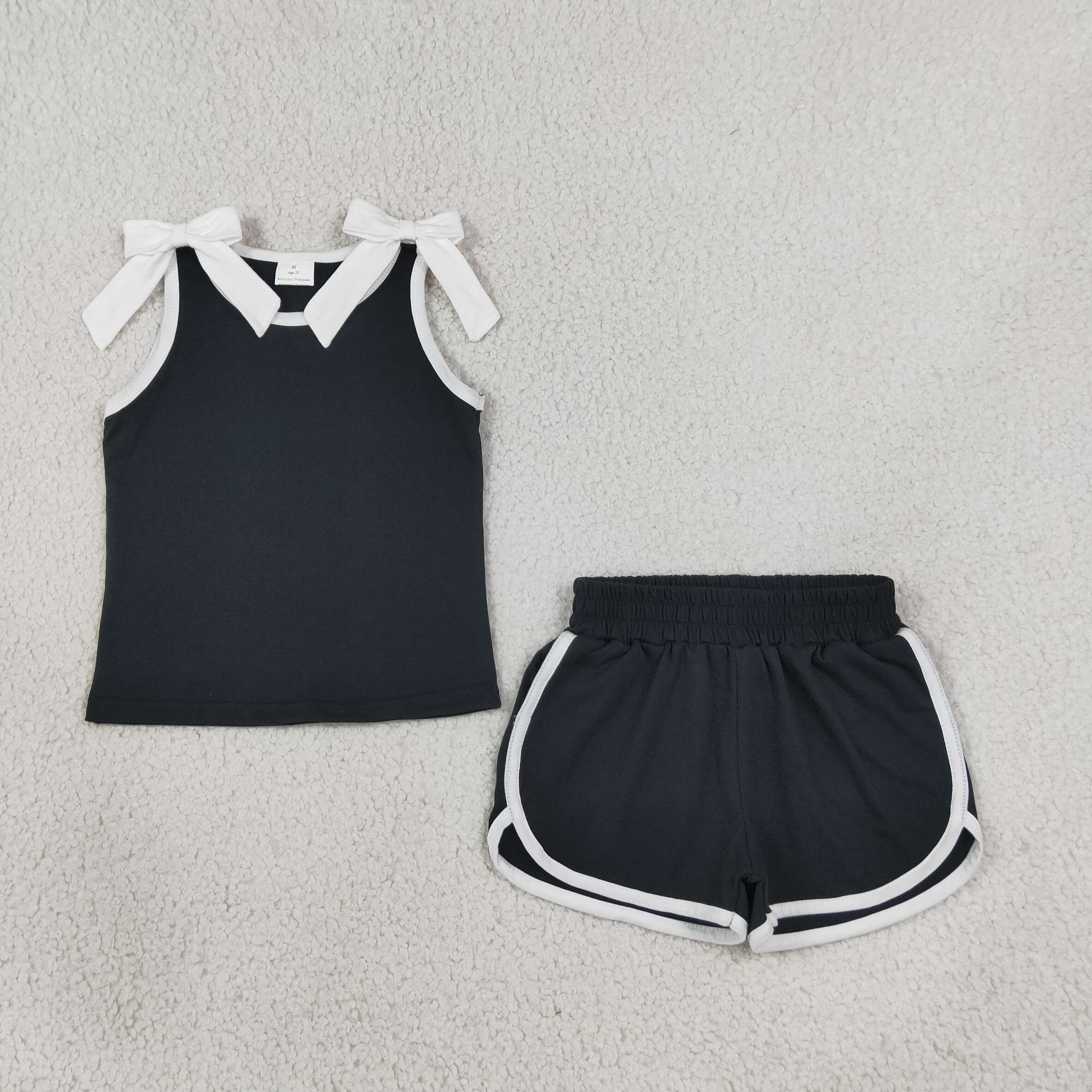 GSSO3817  Baby Girls White  Bows dark Sleeveless Top Short school Team Clothes Sets