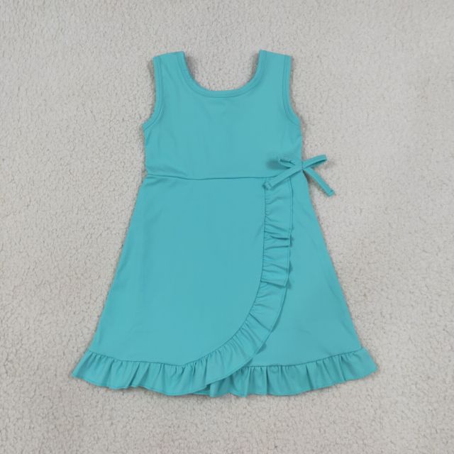 GSD3768 RTS Blue Green solid trim print active girl yoga dress