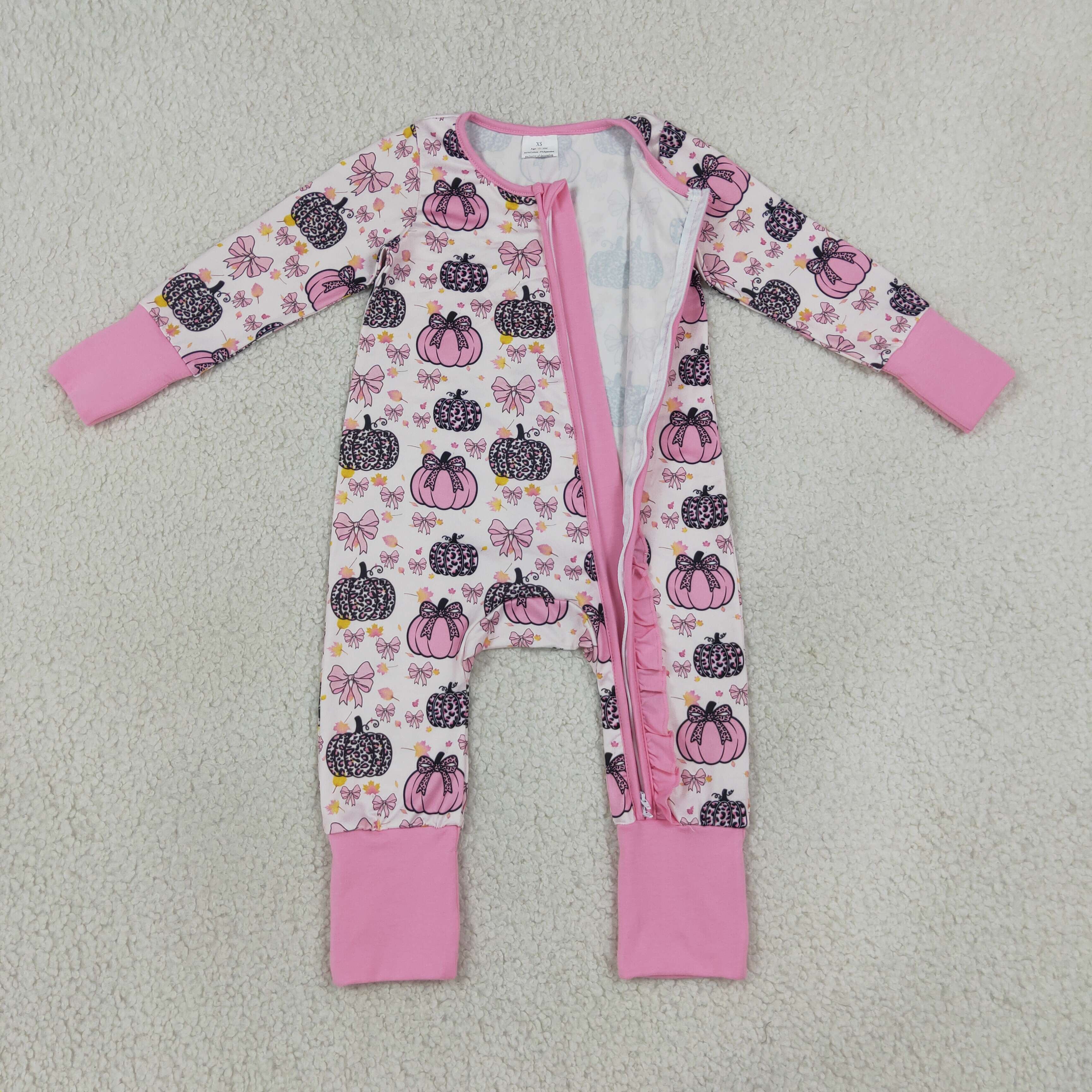 LR3061 Baby Pink bows Pumpkin pattern Long sleeve zipper Rompers