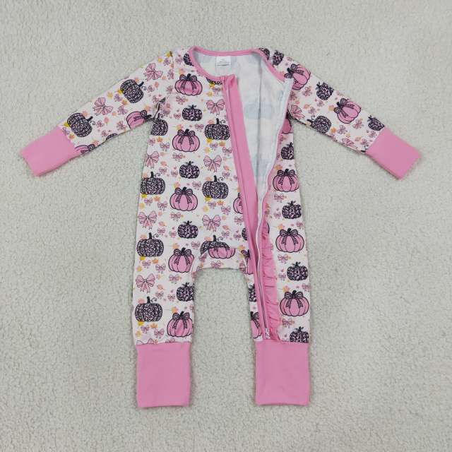 LR3061 Baby Pink bows Pumpkin pattern Long sleeve zipper Rompers