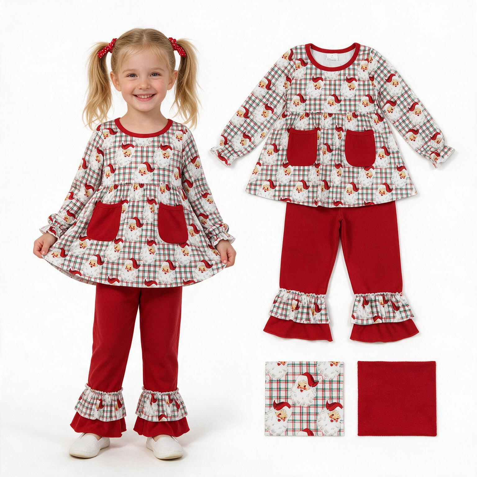 GLP3457  Red Christmas santa plaid long sleeve girl outfits