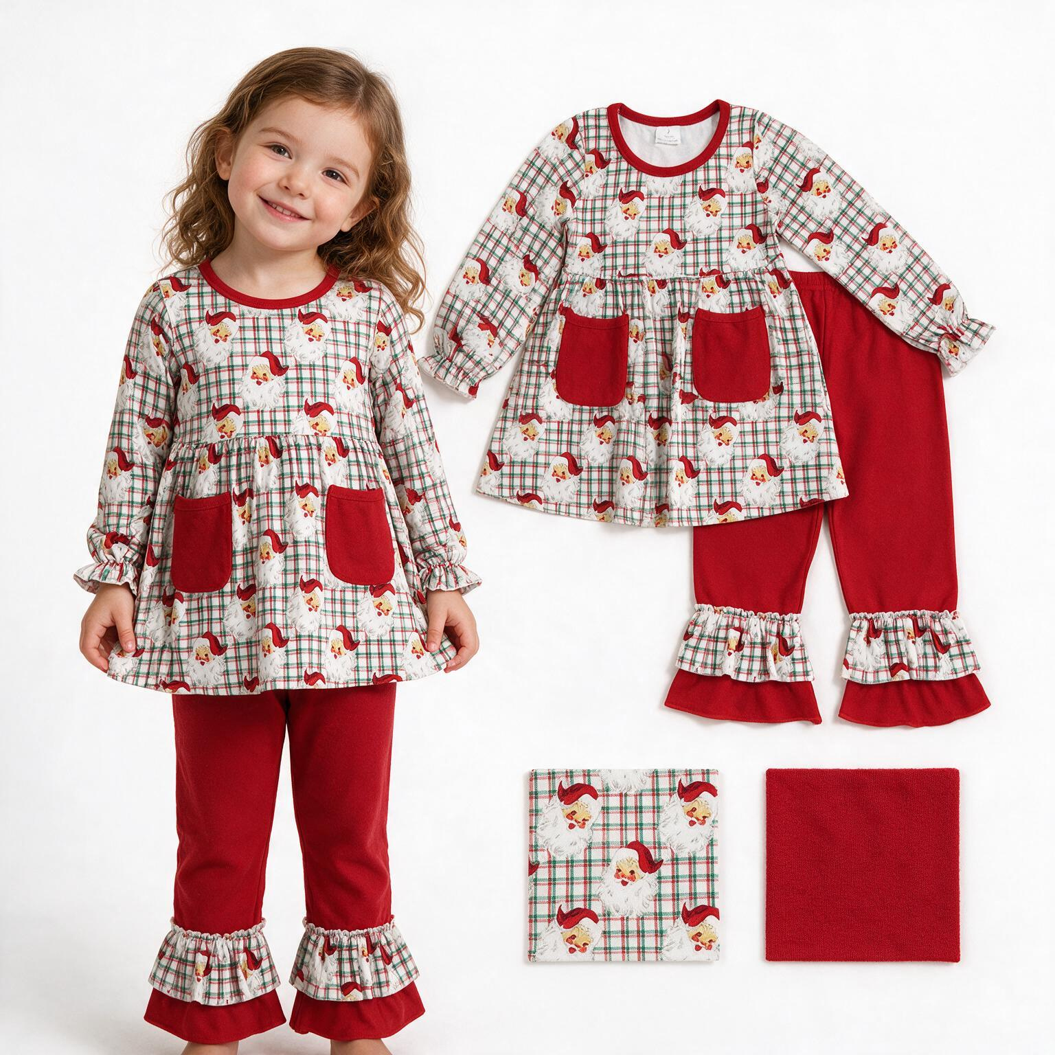 GLP3457  Red Christmas santa plaid long sleeve girl outfits