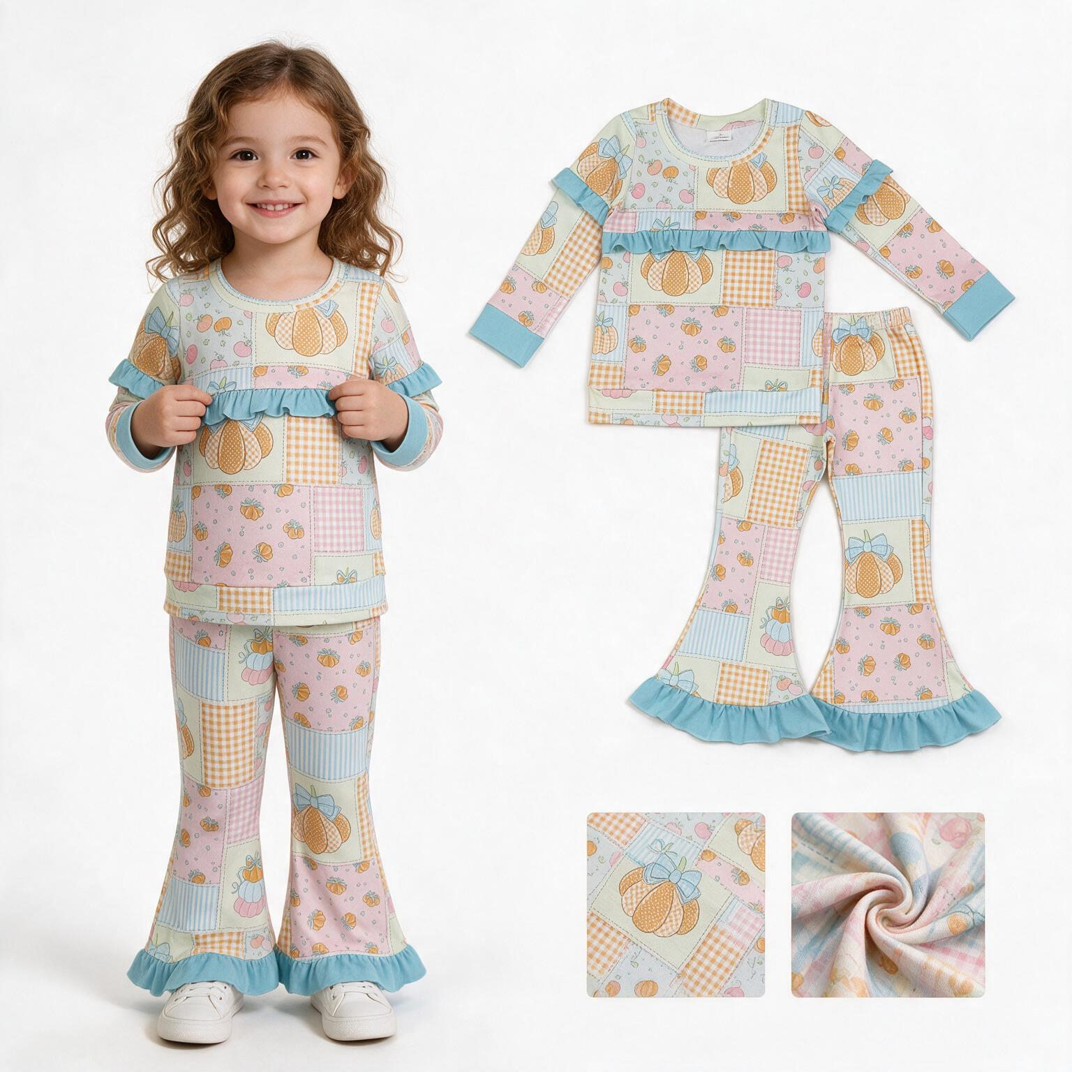 GLP3503 Pink Blue pumpkin flowers plaid long sleeve girl outfits
