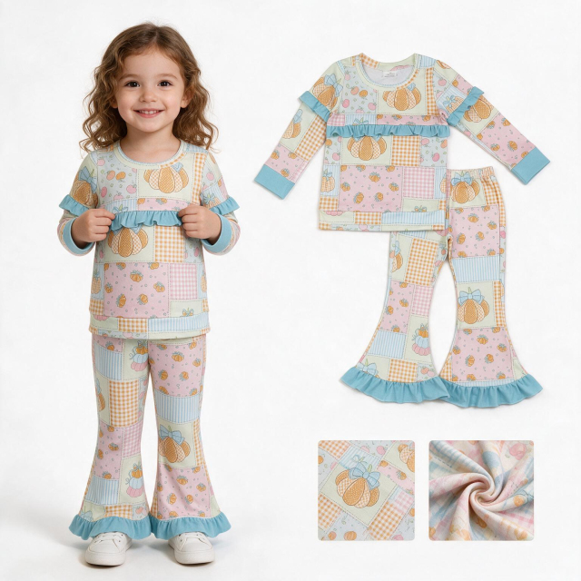 GLP3503 Pink Blue pumpkin flowers plaid long sleeve girl outfits