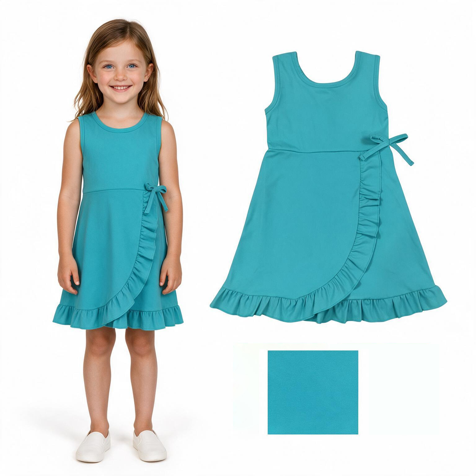 GSD3768 RTS Blue Green solid trim print active girl yoga dress