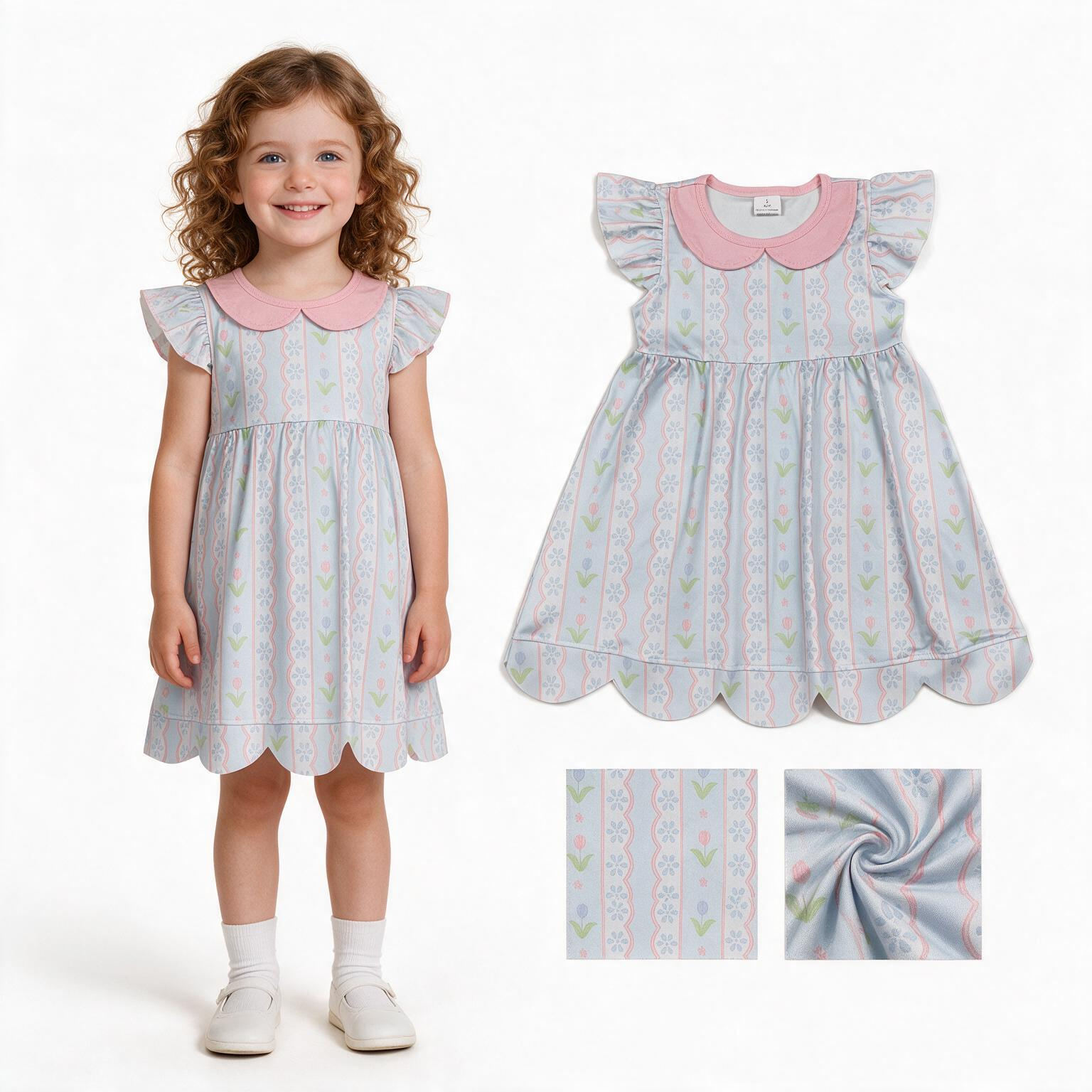 GSD3867 RTS pink Flowers stripe summer scallop dress