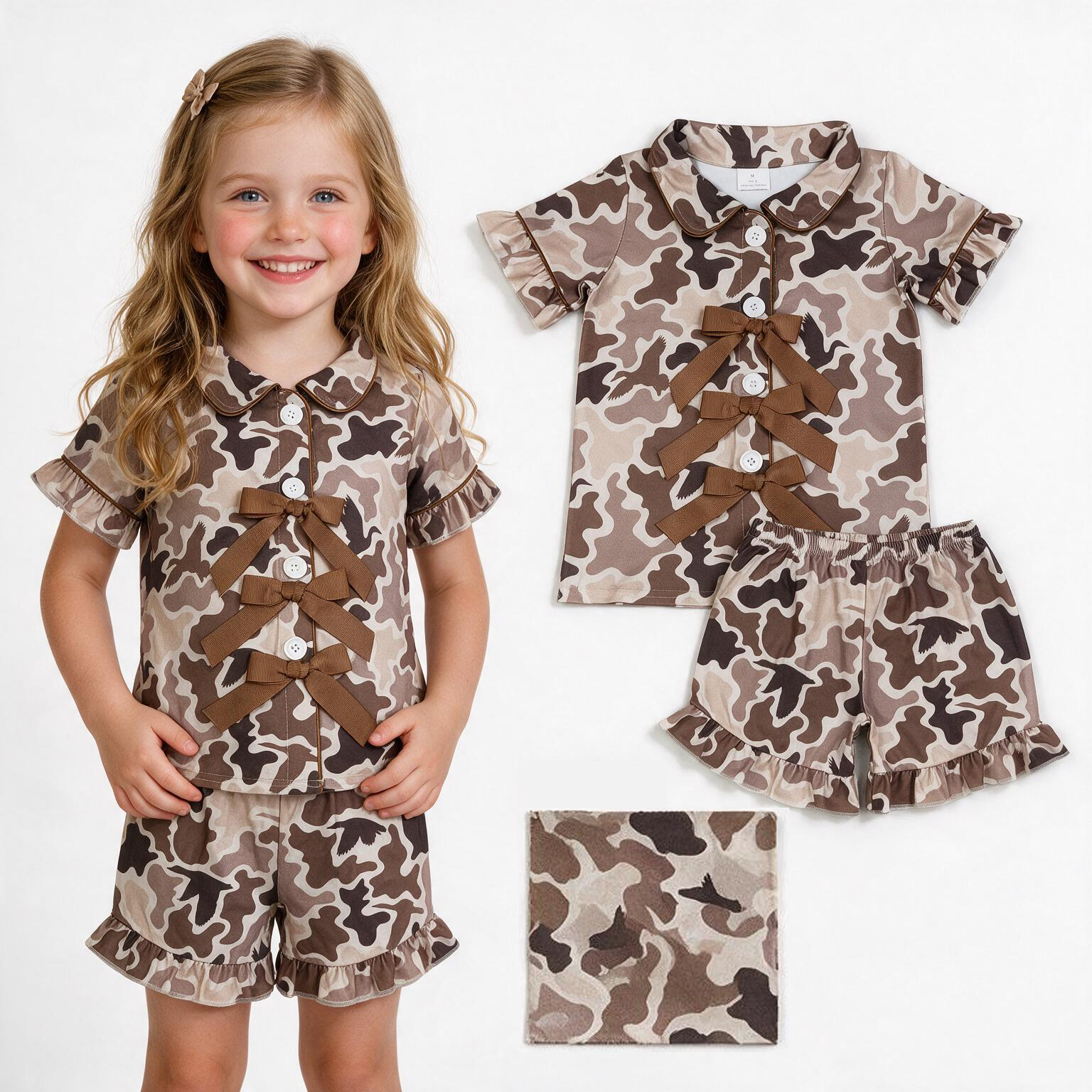 GSSO3368  Baby Girls Camo BOWS Button Top Ruffle Shorts Hunting Pajamas Sets