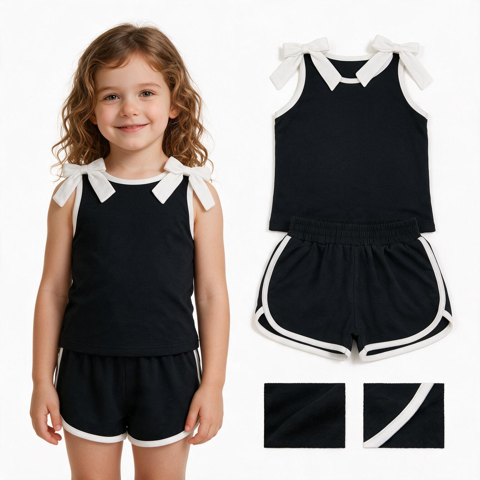 GSSO3817  Baby Girls White  Bows dark Sleeveless Top Short school Team Clothes Sets