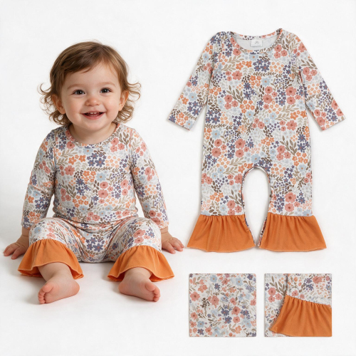 LR3027 Baby orange Flowers leaves Long sleeve fall season Rompers