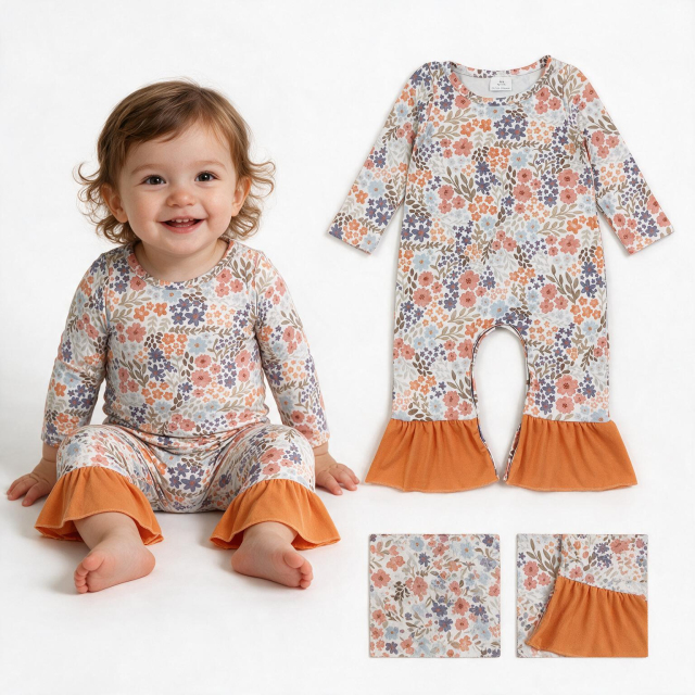 LR3027 Baby orange Flowers leaves Long sleeve fall season Rompers