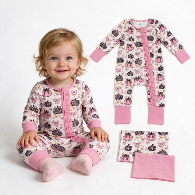 LR3061 Baby Pink bows Pumpkin pattern Long sleeve zipper Rompers