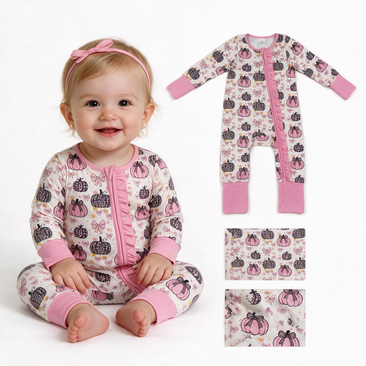 LR3061 Baby Pink bows Pumpkin pattern Long sleeve zipper Rompers