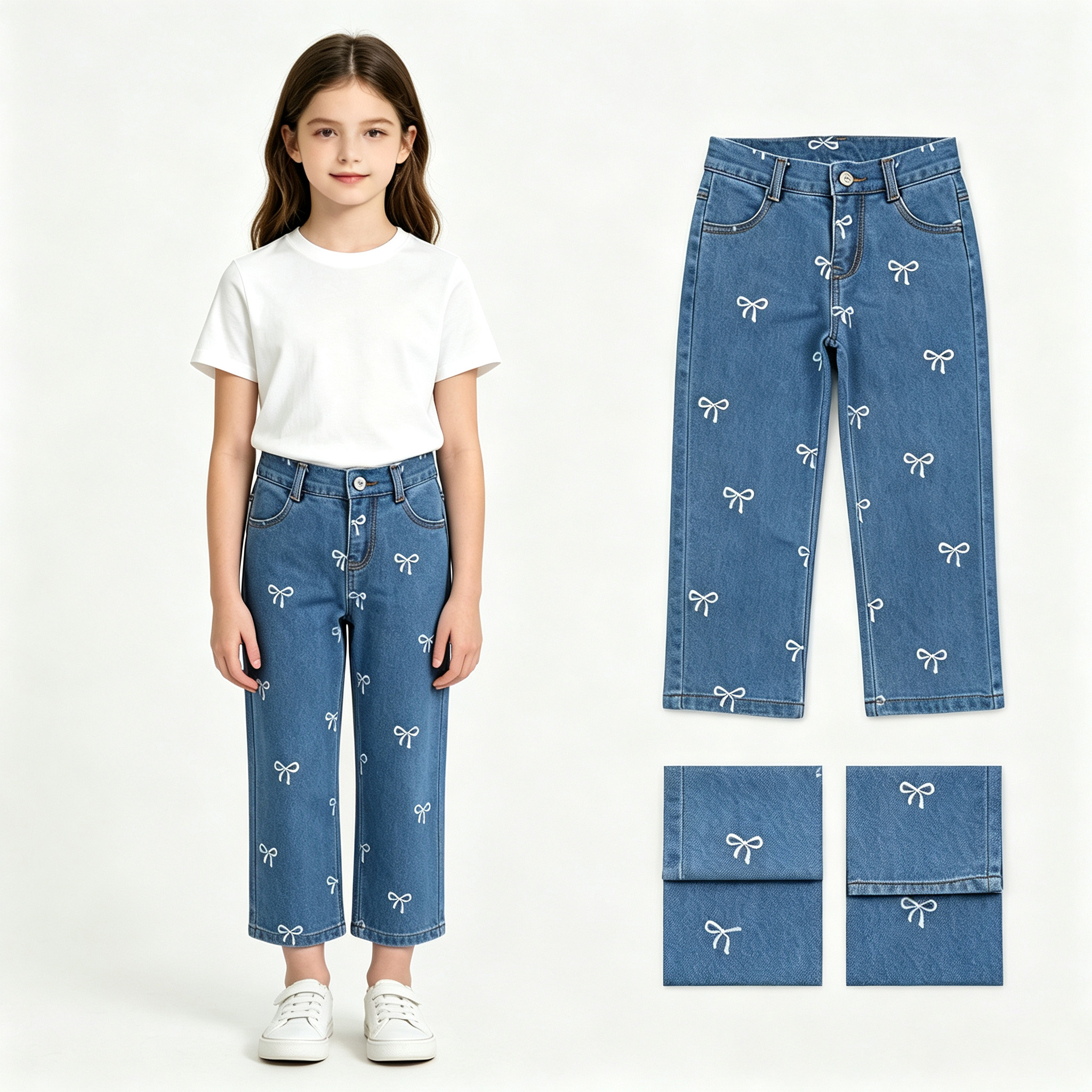 P1149 Blue bows print girl jeans