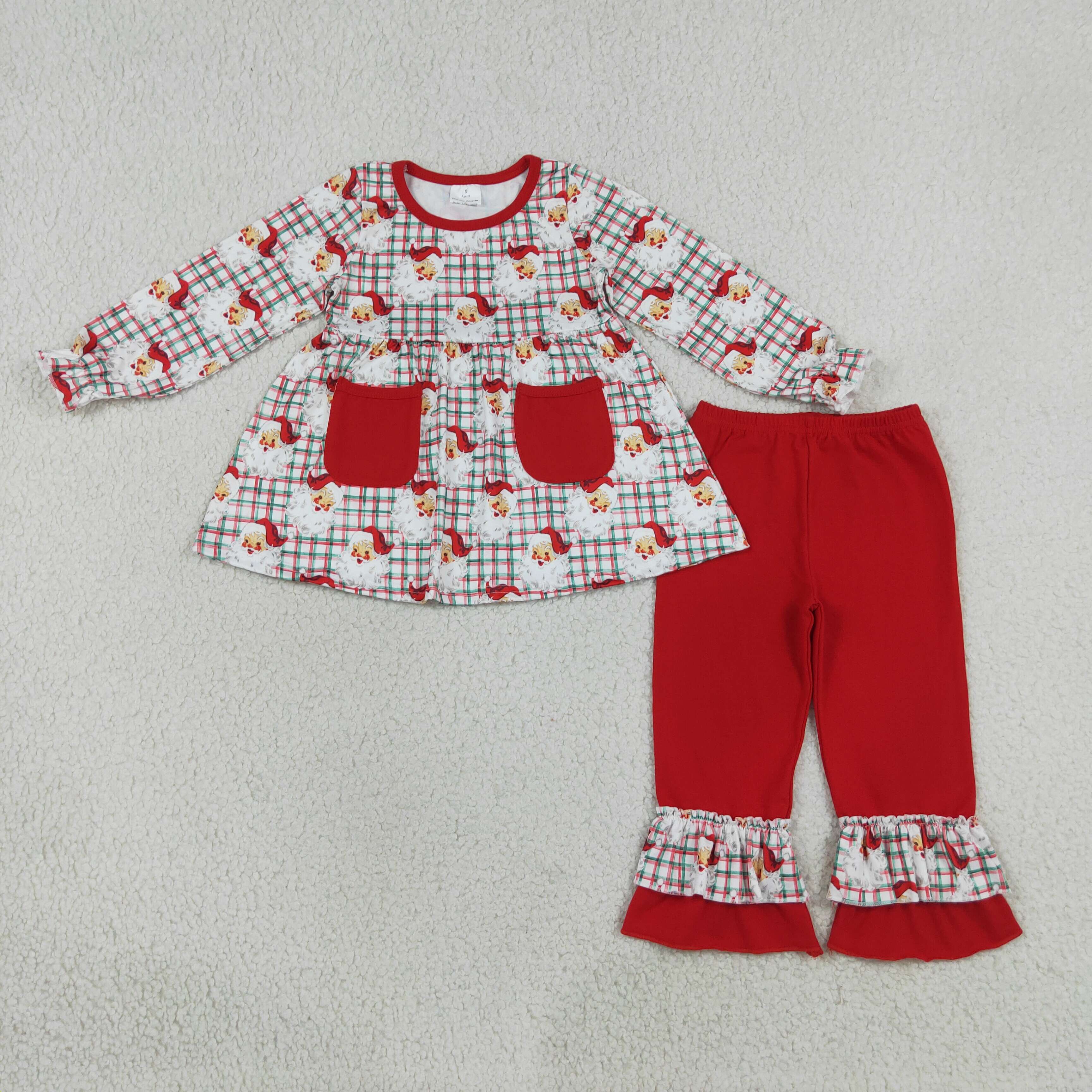 GLP3457  Red Christmas santa plaid long sleeve girl outfits