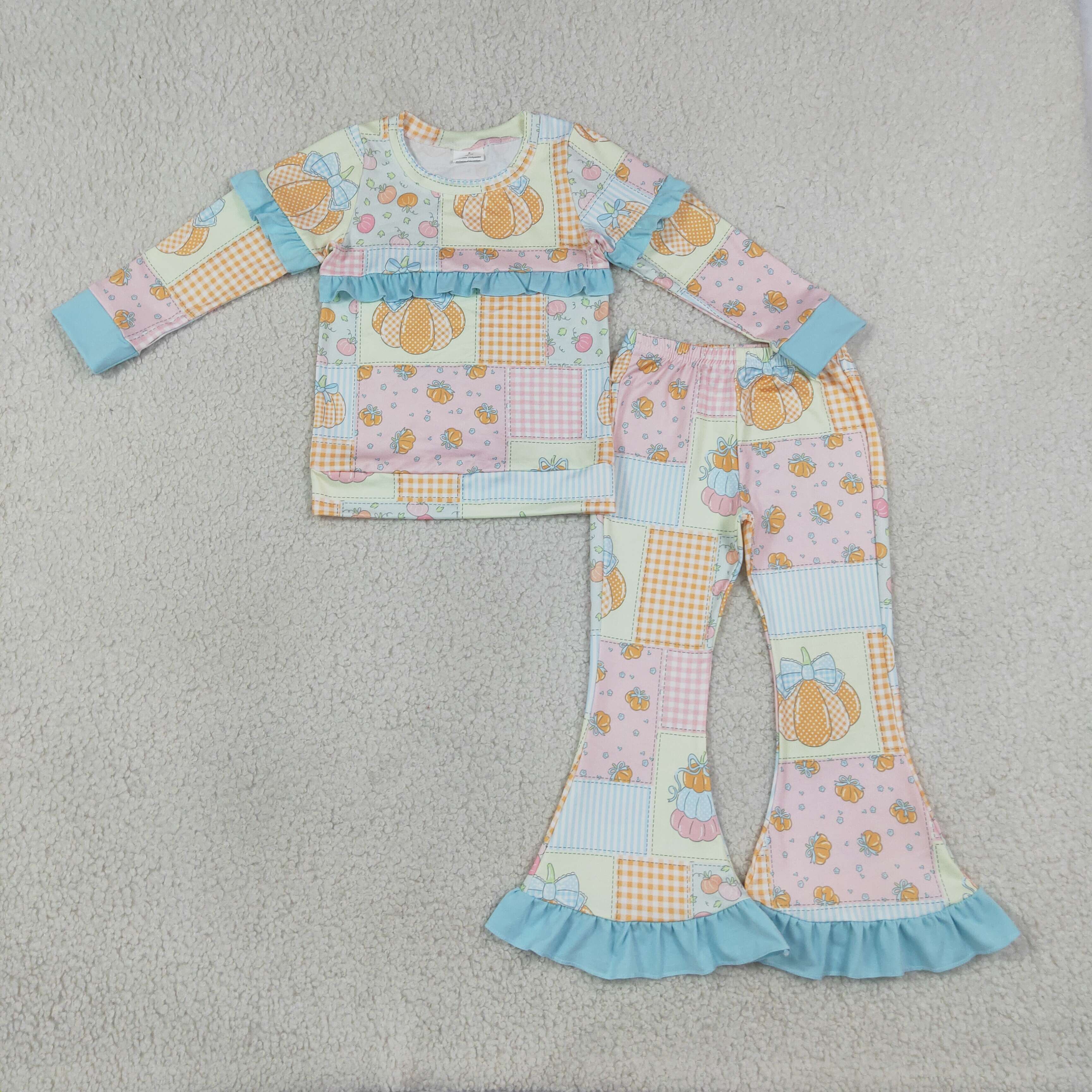 GLP3503 Pink Blue pumpkin flowers plaid long sleeve girl outfits