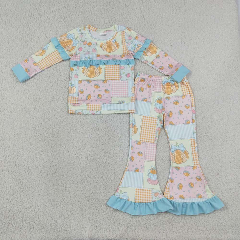 GLP3503 Pink Blue pumpkin flowers plaid long sleeve girl outfits