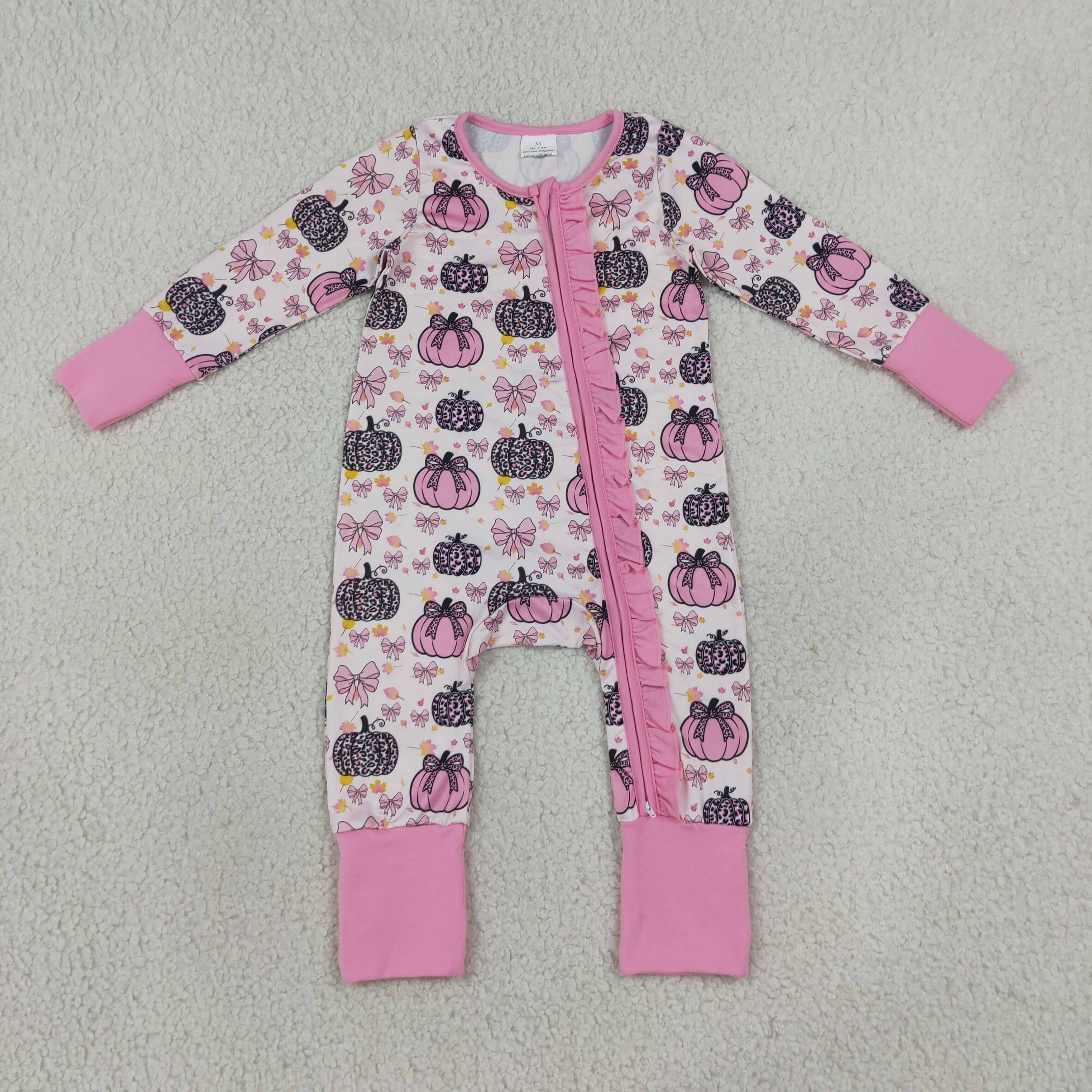 LR3061 Baby Pink bows Pumpkin pattern Long sleeve zipper Rompers