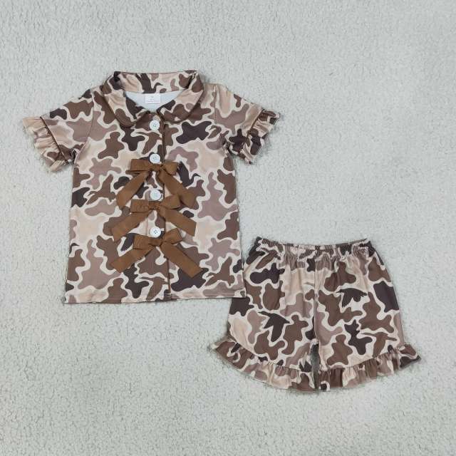 GSSO3368  Baby Girls Camo BOWS Button Top Ruffle Shorts Hunting Pajamas Sets