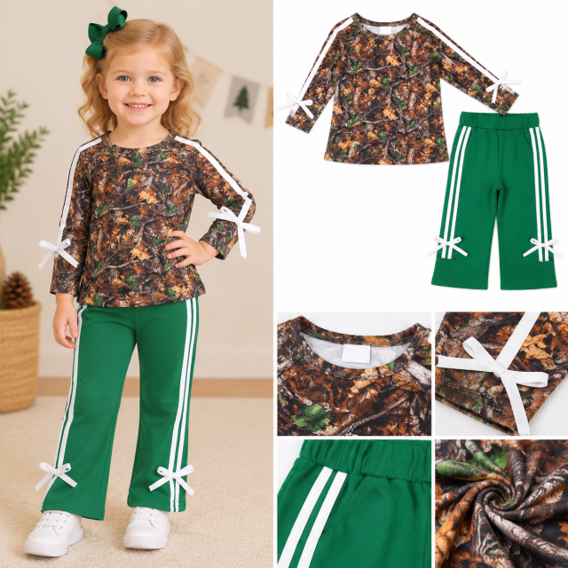 GLP3358 real tree bows Print long sleeve girl outfits