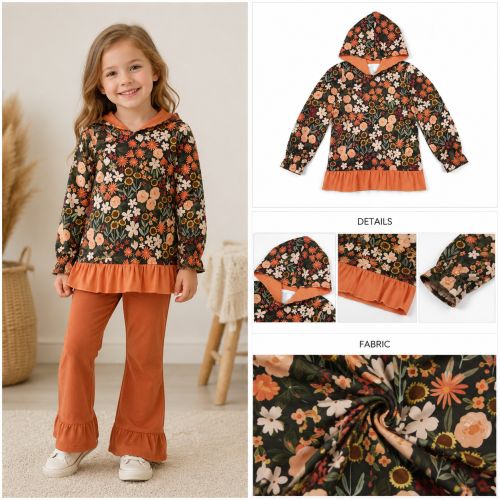 GT1647  Orange puumpkin Leaves print girl long sleeve zipper pullover