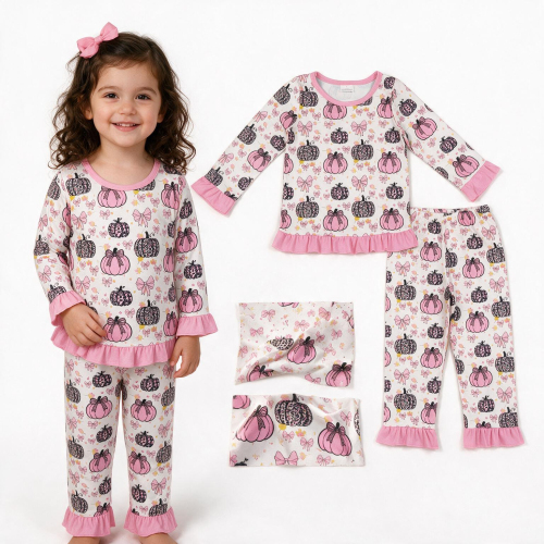 GLP3350  pink bows Print long sleeve girl outfits