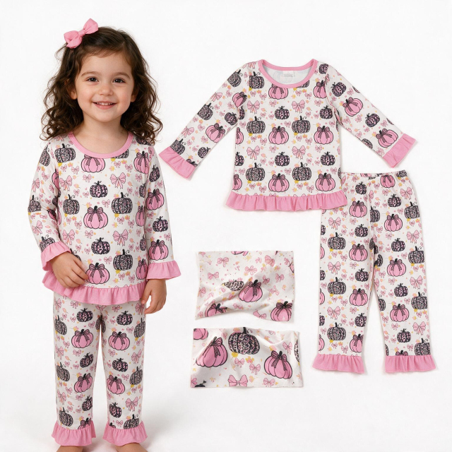 GLP3350  pink bows Print long sleeve girl outfits