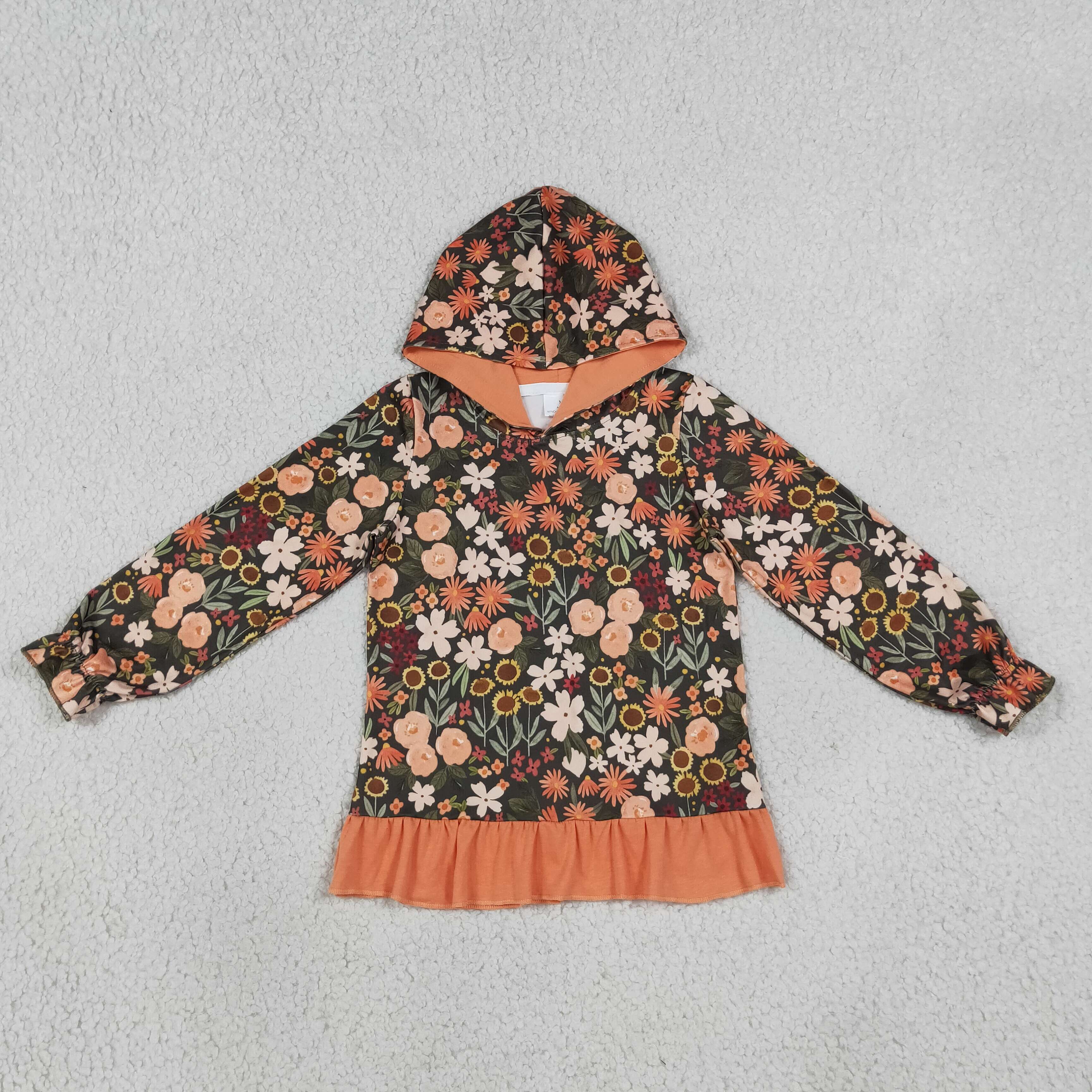 GT1647  Orange puumpkin Leaves print girl long sleeve zipper pullover