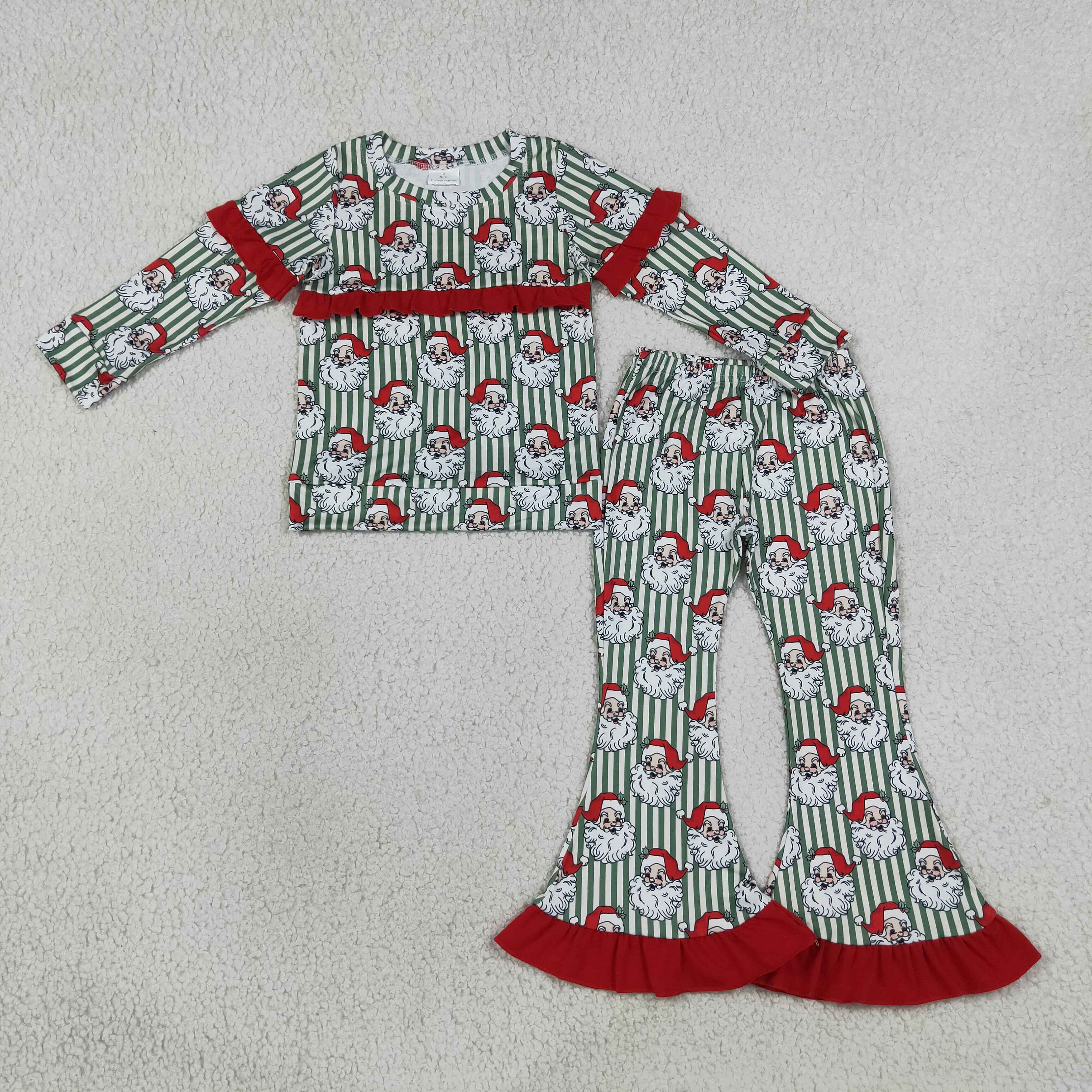 GLP3452 Green stripe Christmas  santa Print long sleeve girl outfits