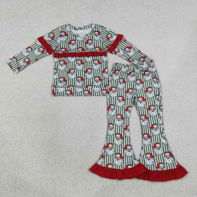 GLP3452 Green stripe Christmas  santa Print long sleeve girl outfits