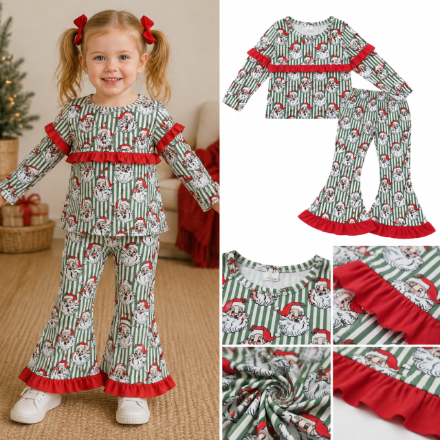 GLP3452 Green stripe Christmas  santa Print long sleeve girl outfits