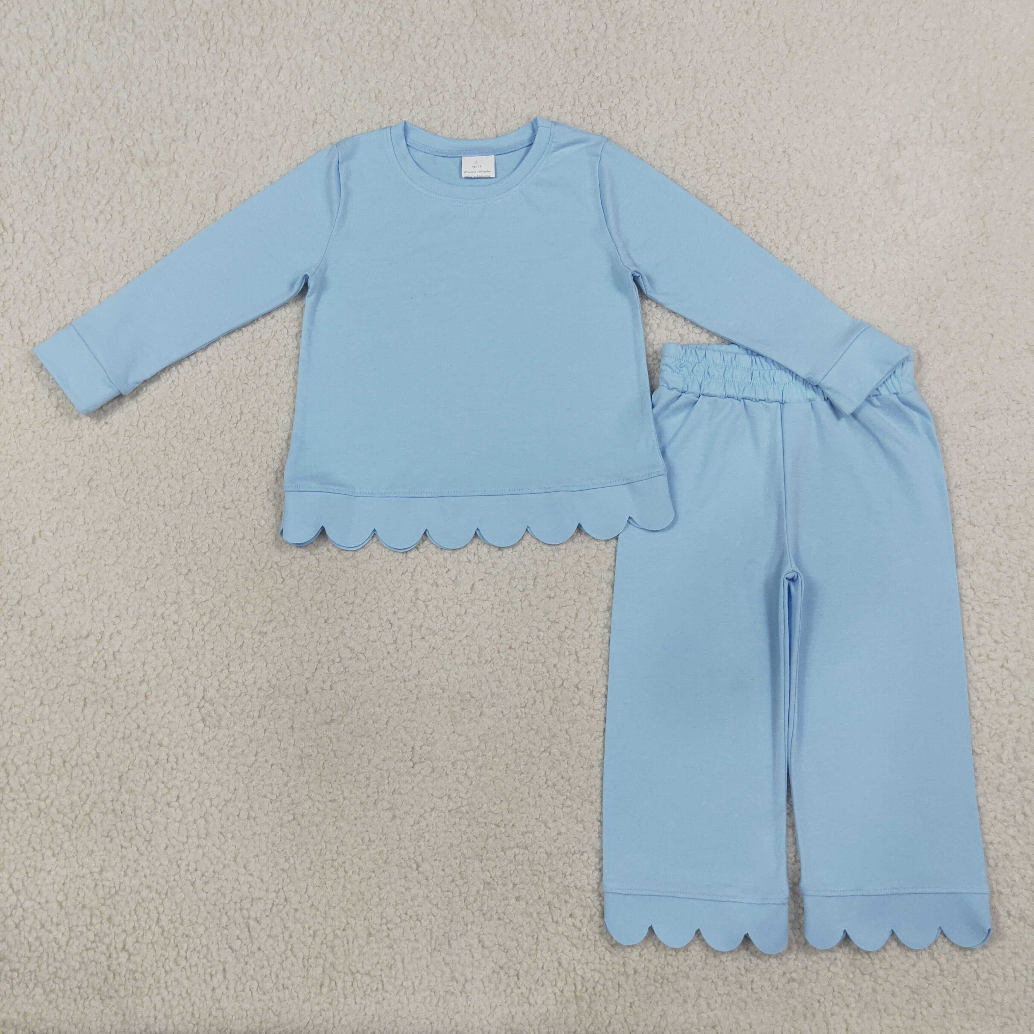 GLP3292 Light Blue Solid scallop Print long sleeve girl outfits