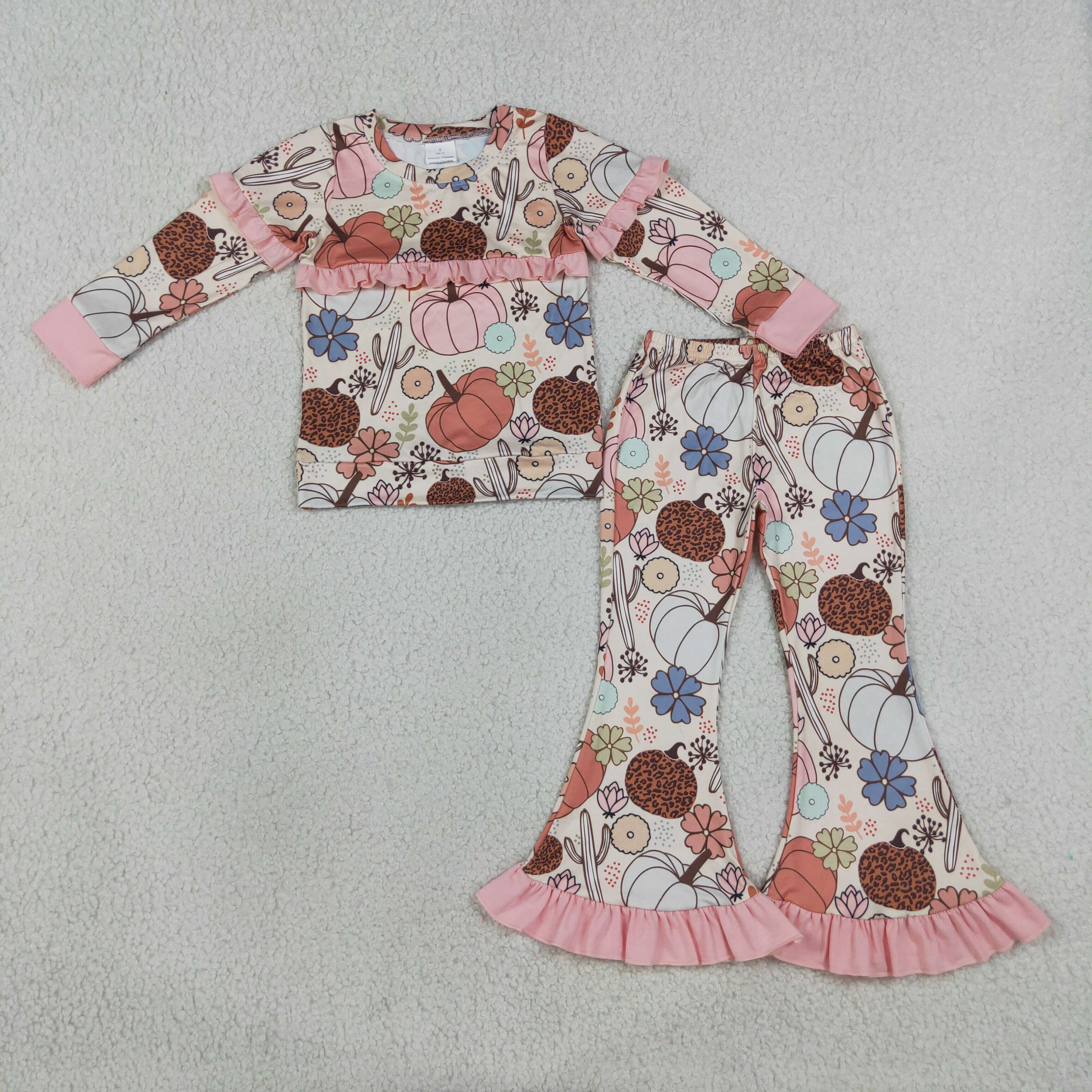 GLP3502 Pumpkin flowers cactus Print long sleeve girl outfits