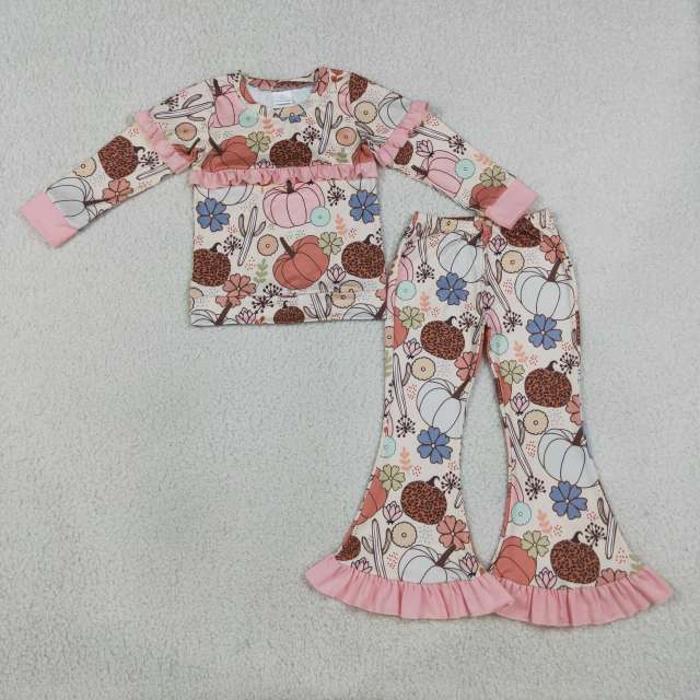 GLP3502 Pumpkin flowers cactus Print long sleeve girl outfits