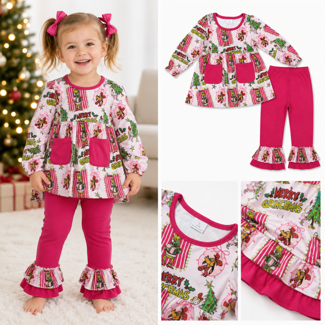 GLP3461 hot pink green face Print long sleeve Christmas girl outfits