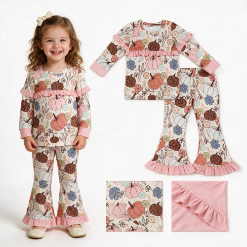 GLP3502 Pumpkin flowers cactus Print long sleeve girl outfits