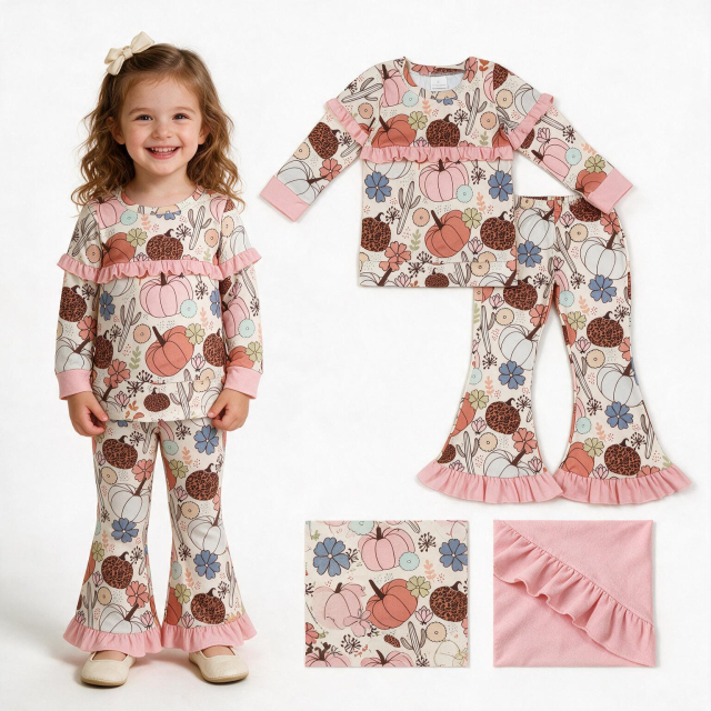 GLP3502 Pumpkin flowers cactus Print long sleeve girl outfits