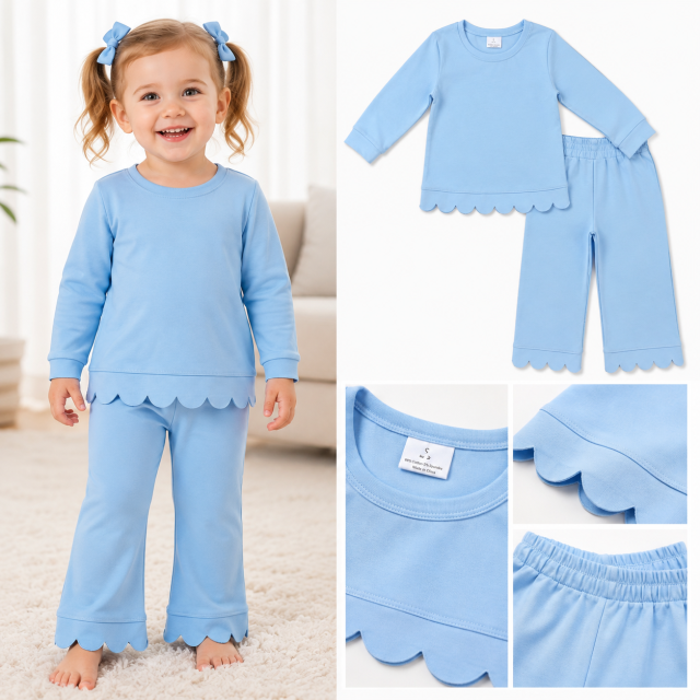 GLP3292 Light Blue Solid scallop Print long sleeve girl outfits