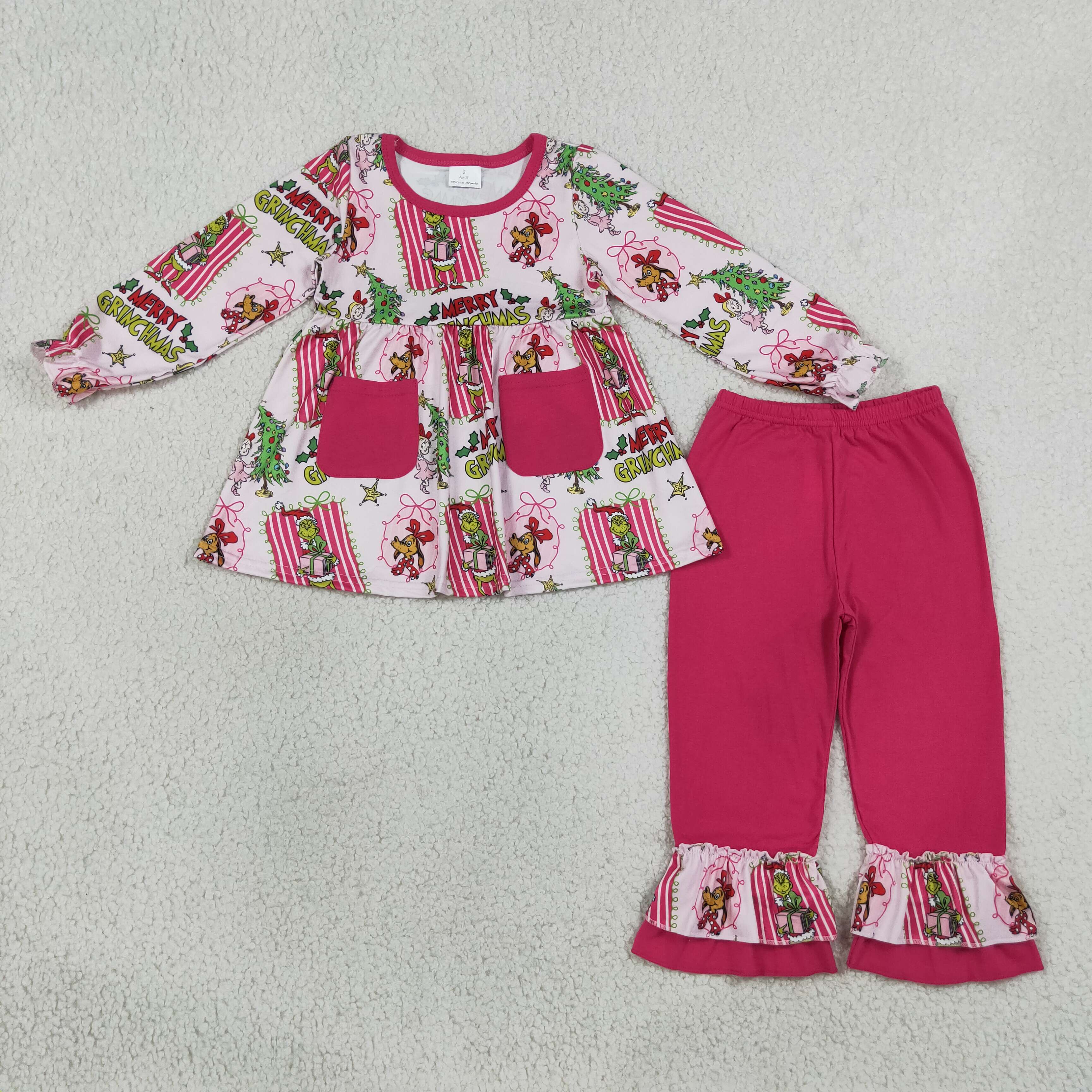 GLP3461 hot pink green face Print long sleeve Christmas girl outfits