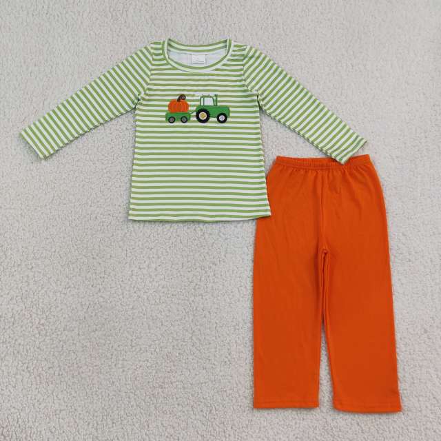 BLP1441 RTS Green stripe tractor pumpkin embroidery long sleeve boy outfits