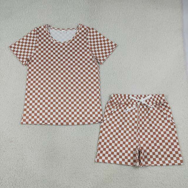 GSSO2680 ADULT WOMEN Brown plaid  print short sleeve set