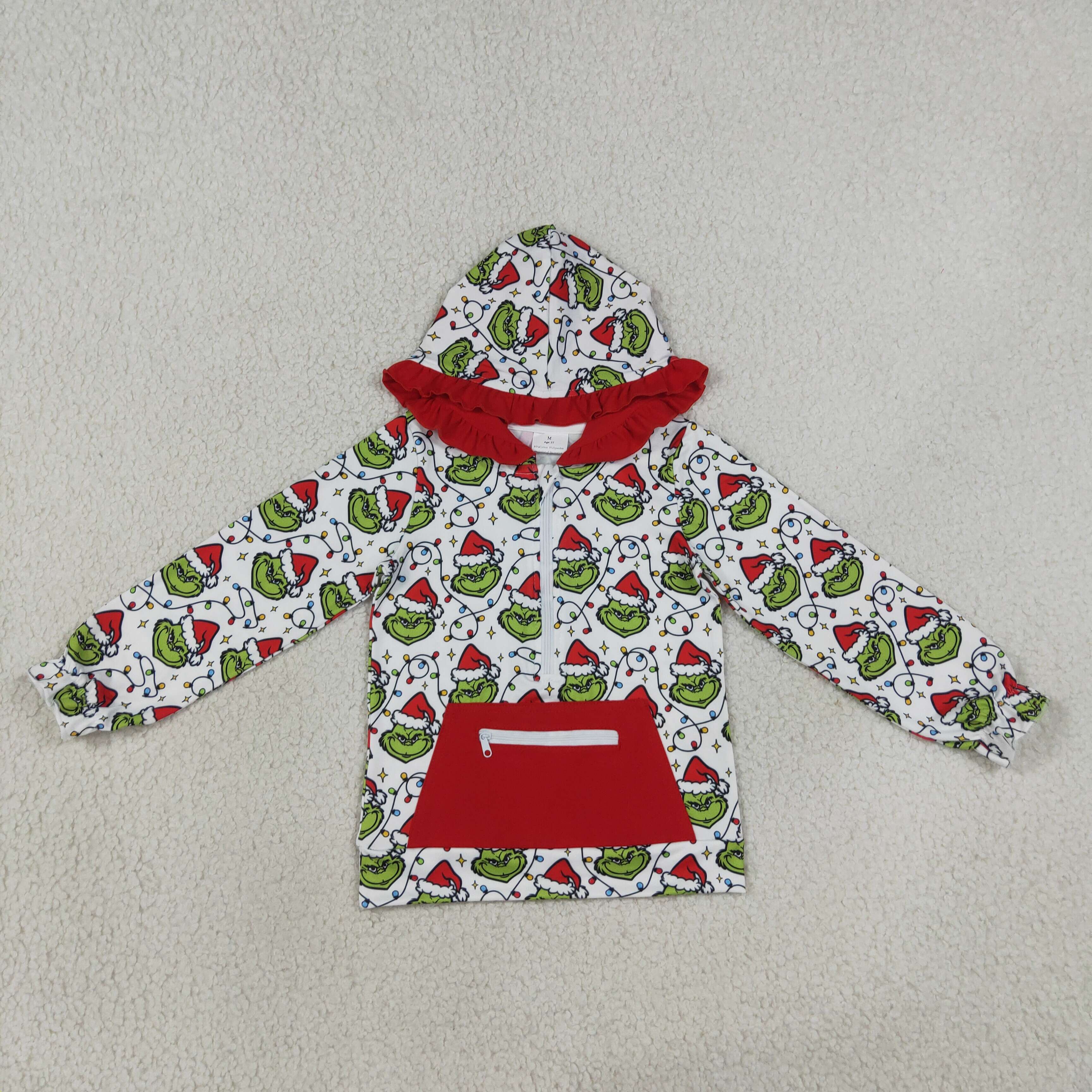 GT1663 Christmas Green face print girl long sleeve zipper hoodie pullover