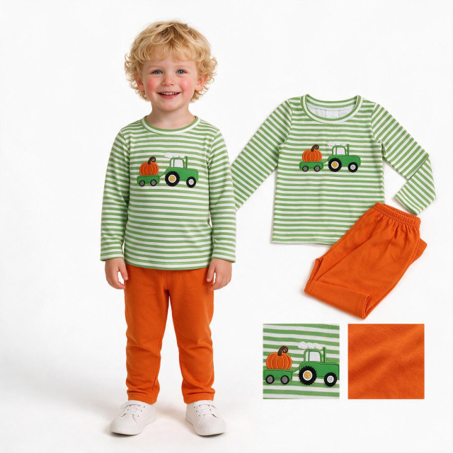 BLP1441 RTS Green stripe tractor pumpkin embroidery long sleeve boy outfits