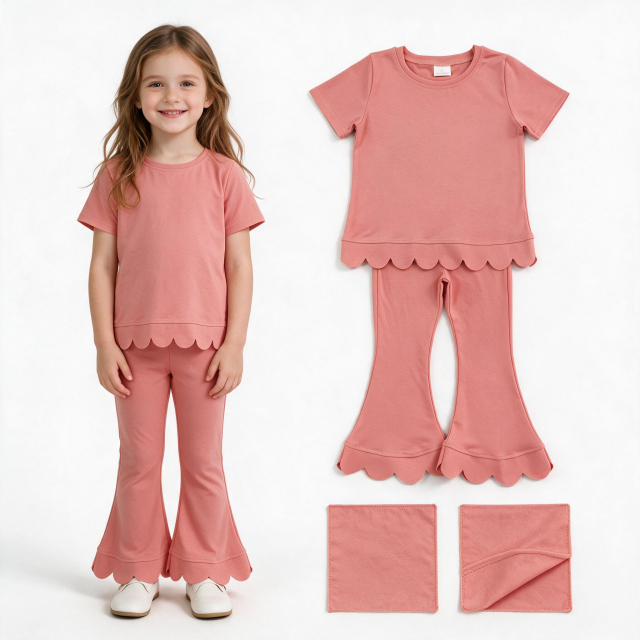 GSPO2338 Coraline Solid scallop Print short sleeve girl scallop outfits