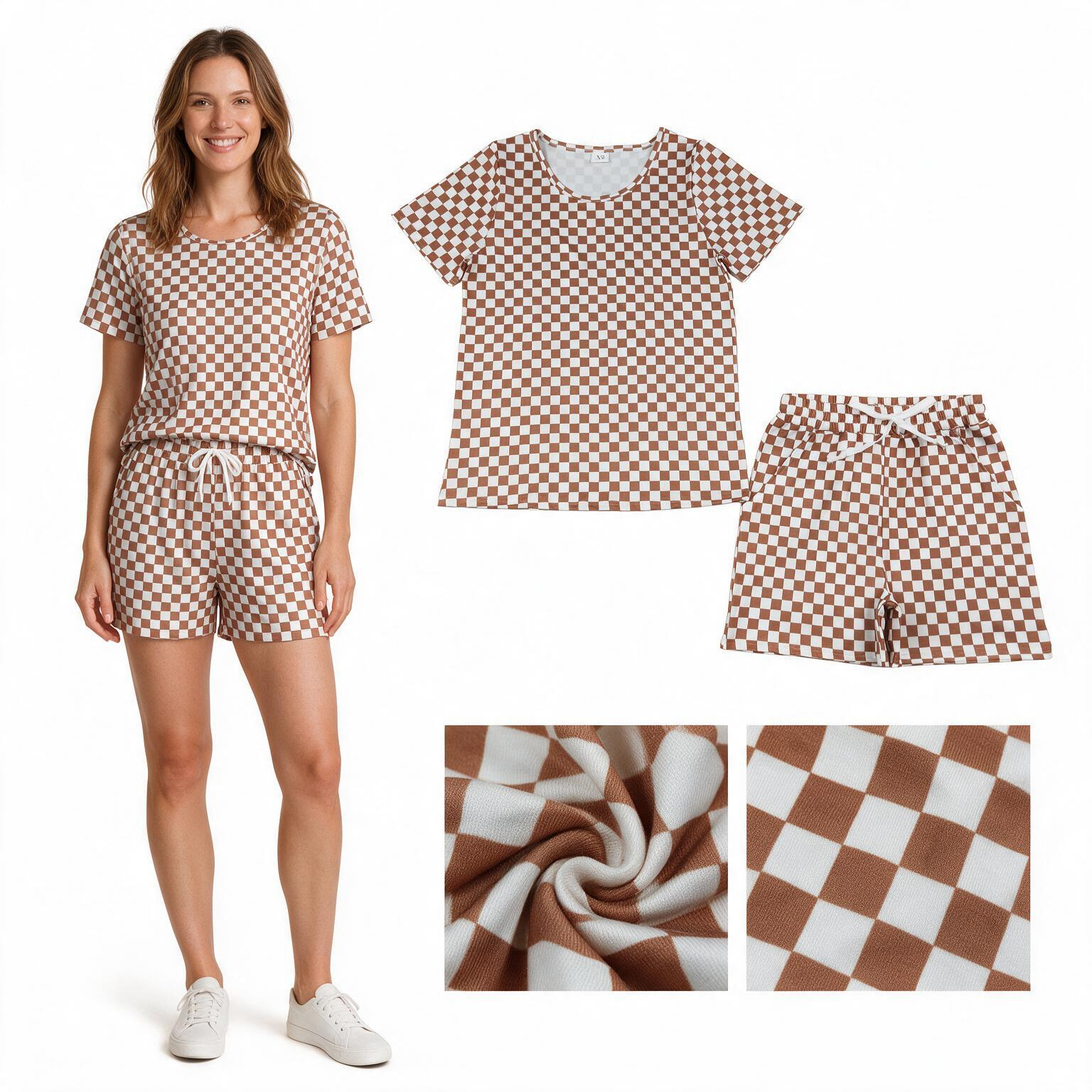 GSSO2680 ADULT WOMEN Brown plaid  print short sleeve set