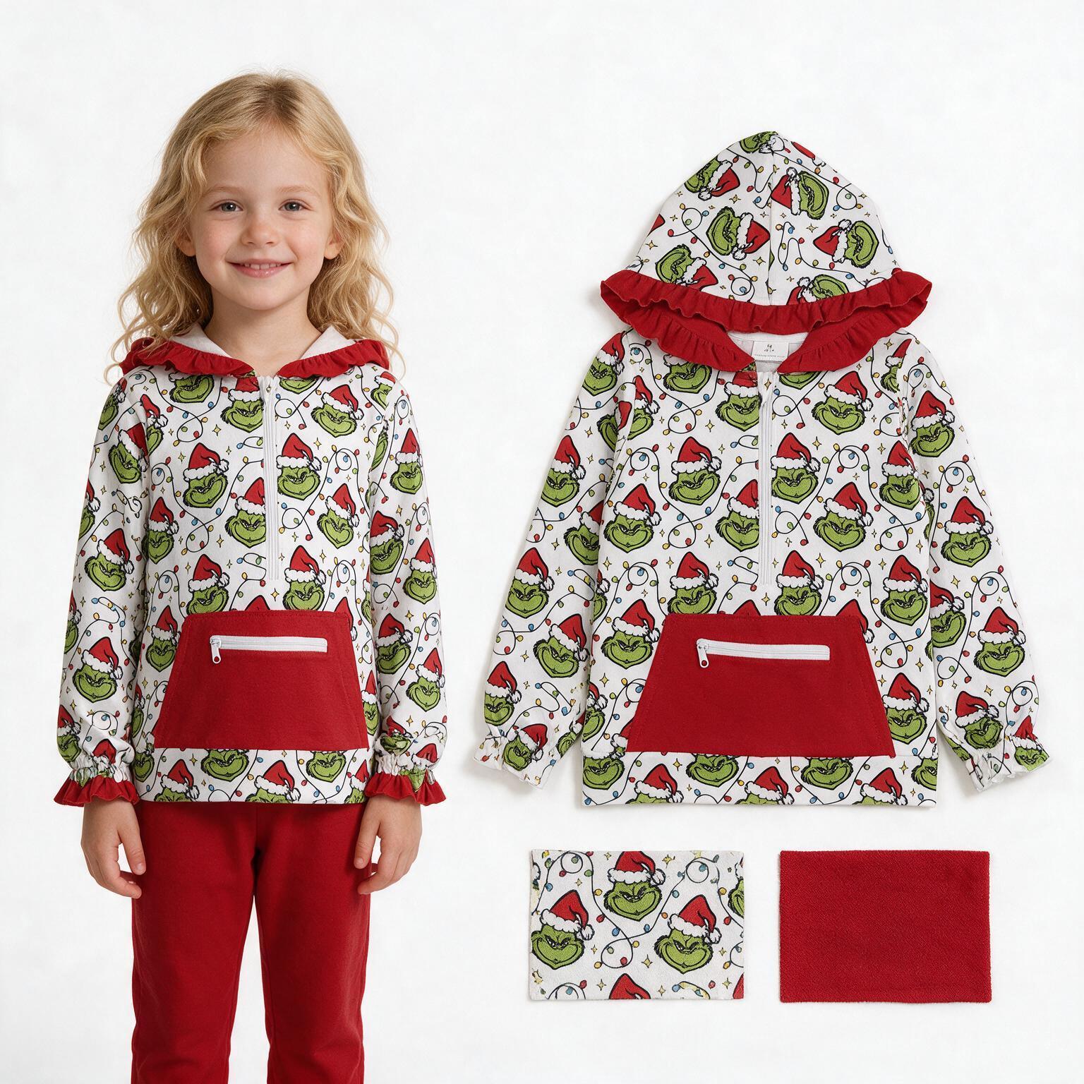 GT1663 Christmas Green face print girl long sleeve zipper hoodie pullover