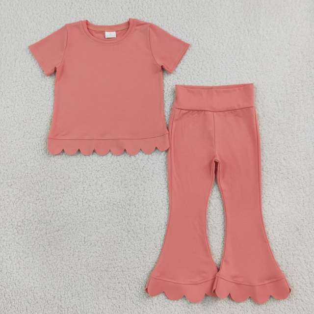GSPO2338 Coraline Solid scallop Print short sleeve girl scallop outfits