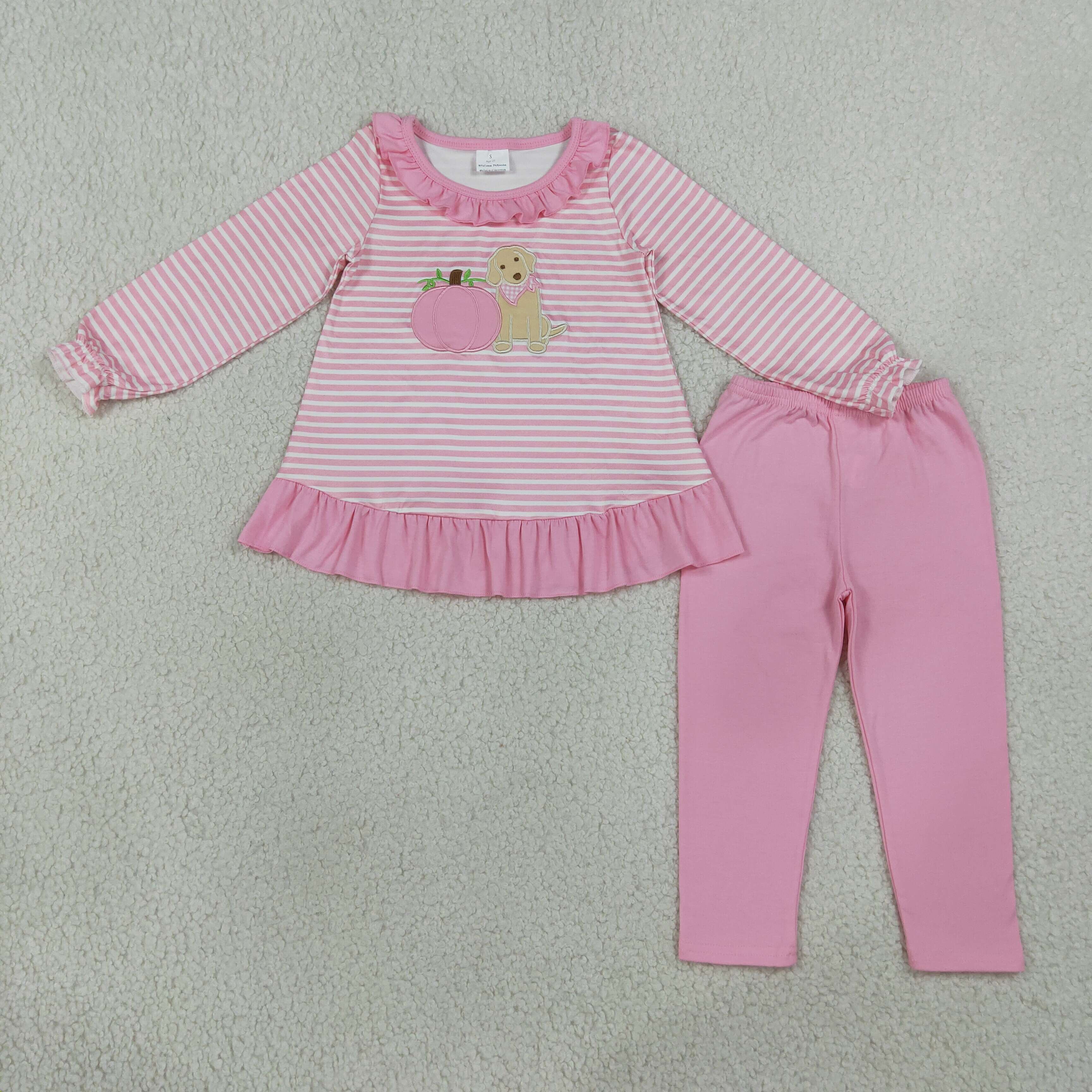 GLP3480 Pink stripe pumpkin puppy embroidery long sleeve girl outfits