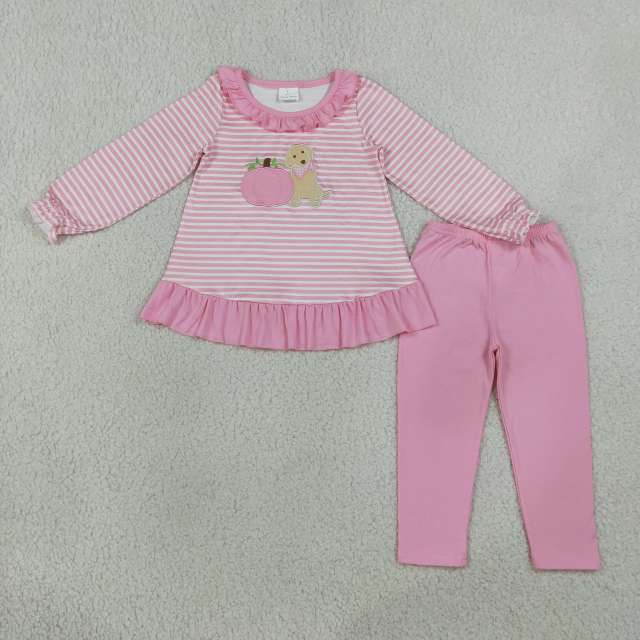 GLP3480 Pink stripe pumpkin puppy embroidery long sleeve girl outfits